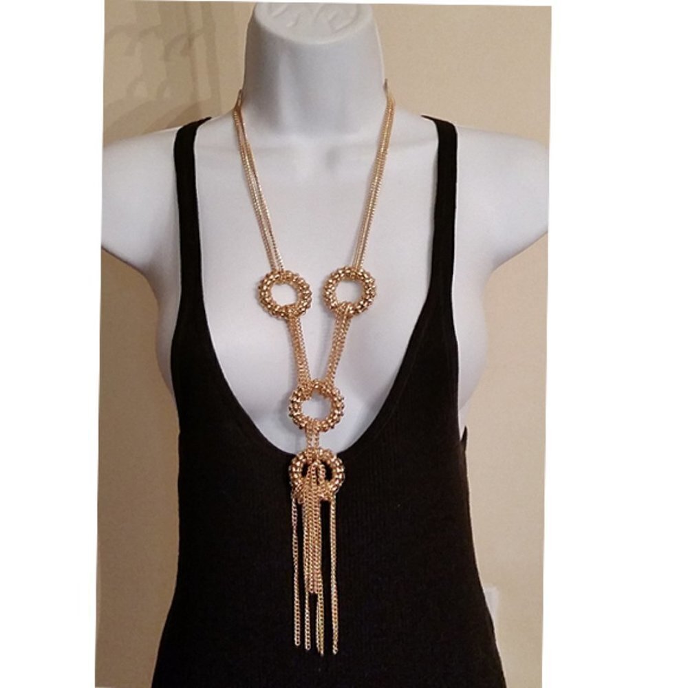 Gold tone dressy jewelry set long chain necklace and earrings statement, new.